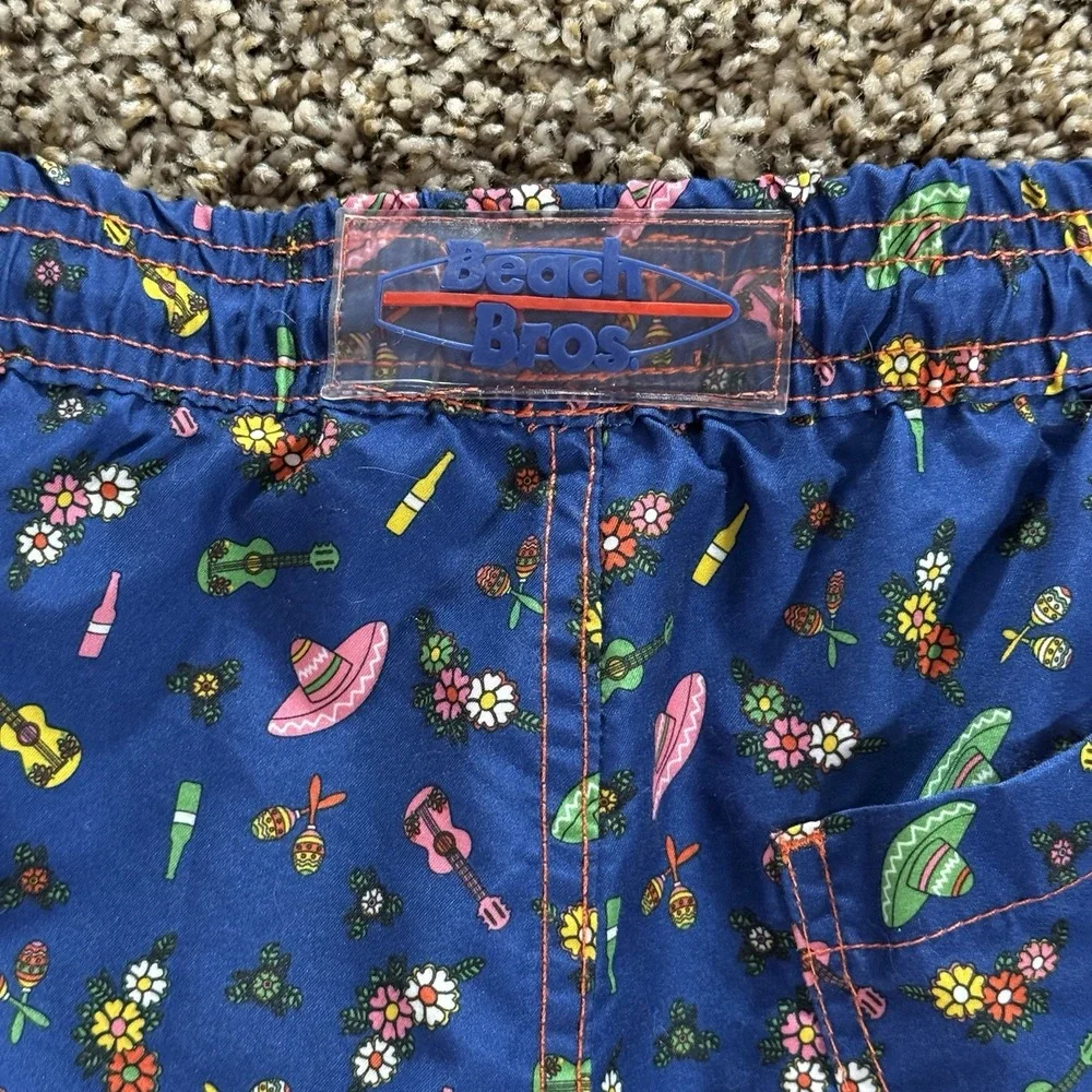 Beach Bros Swim Trunks Men's L Blue Mexican Fiesta Print Board Shorts Mesh Lined